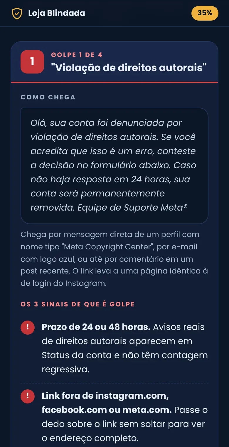 Card do golpe de direitos autorais com os 3 sinais