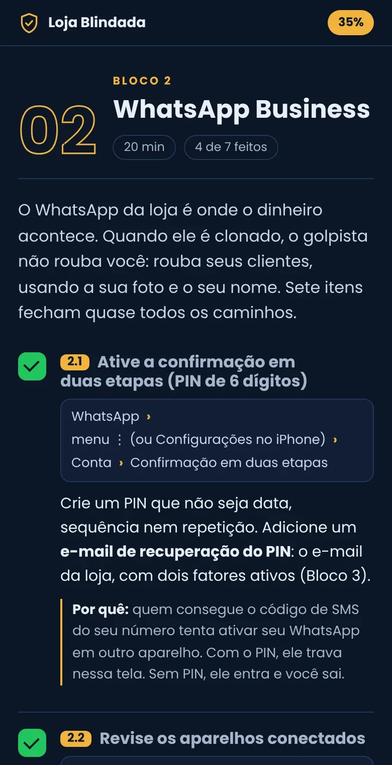 Itens do bloco de WhatsApp Business marcados, com o caminho do menu