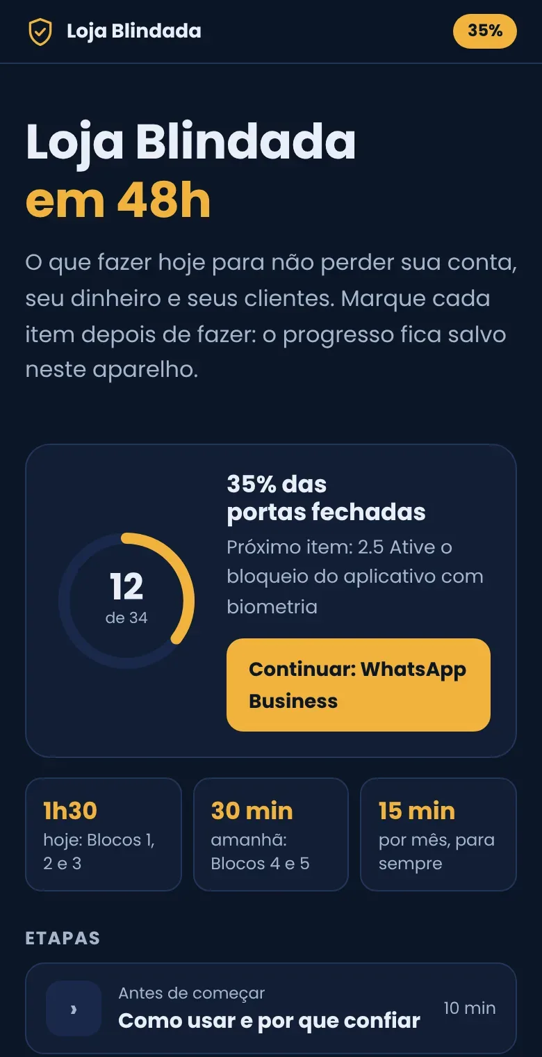 Painel da Loja Blindada mostrando 12 de 34 itens feitos e o próximo item