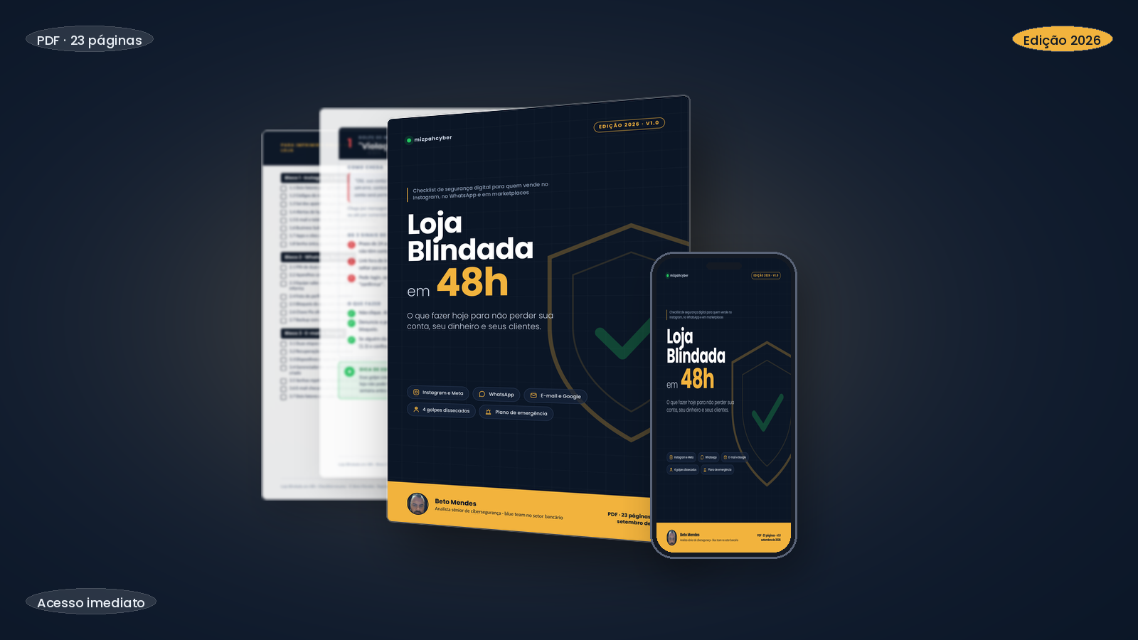 Capa e páginas internas do checklist Loja Blindada em 48h, exibidas em um mockup com celular